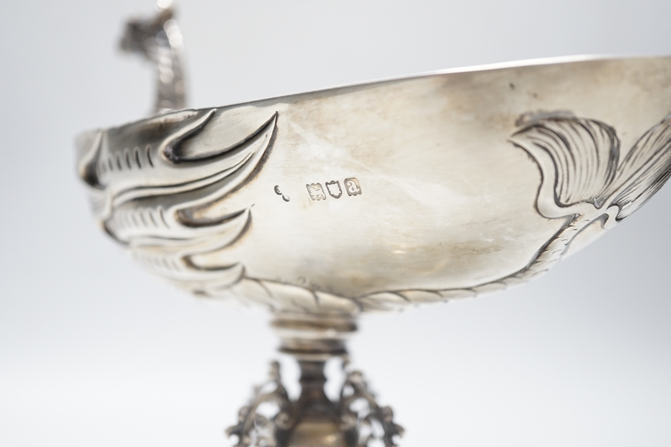 A late Victorian silver bird shaped sweetmeat tazze, J?, London, 1896, height 19.8cm, 12.8oz.